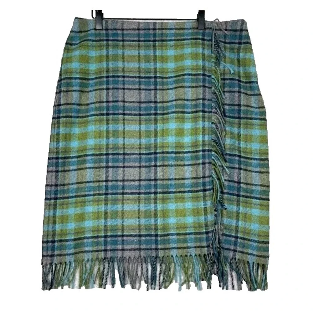 NWT J Jill Womens Plaid Skirt Sz 8P Green Gray Wool Blend Tartan Fringe Academia